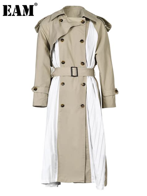 Eam Khaki Pleated Big Size Long Trench Women New Lapel Long Sleeve