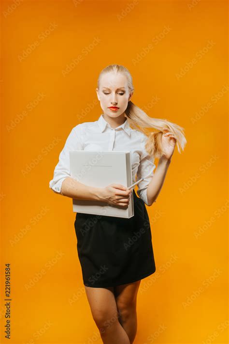 Business Woman Woman Teacher With Long Blonde Hair Copy Space Girl Student In Sexy Clothes