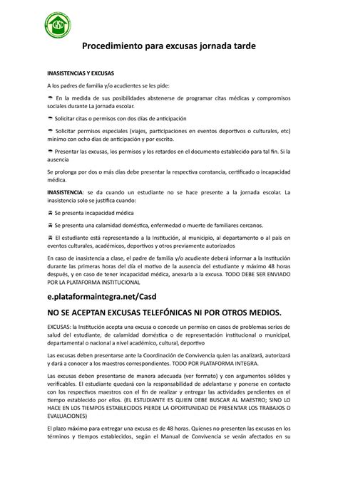 Procedimiento Para Excusas Procedimiento Para Excusas Jornada