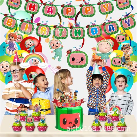 coco melon theme birthday party decoration set banner cake topper