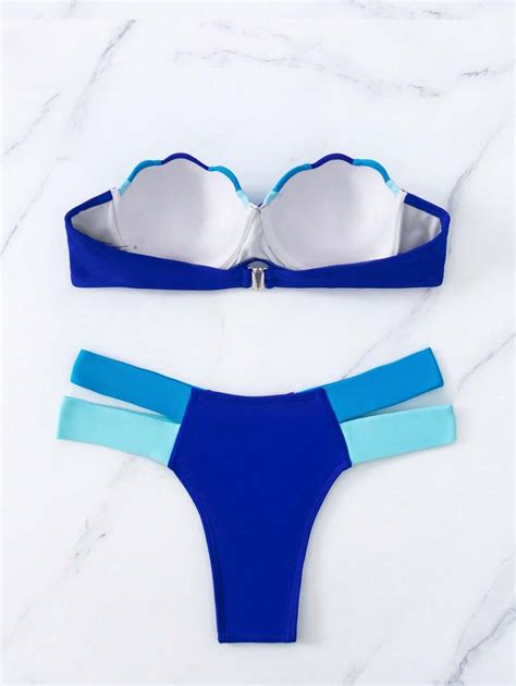 Shein Swim Ba Ador Bikini Push Up De Color Combinado Ribete En Abanico