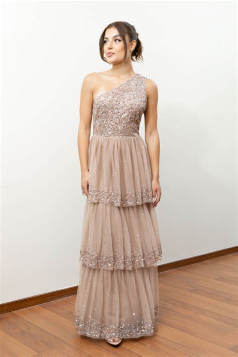 Maxi Βραδινό Φόρεμα Nude με Έναν Ώμο Παγιέτες DRESS LUX μπουτίκ