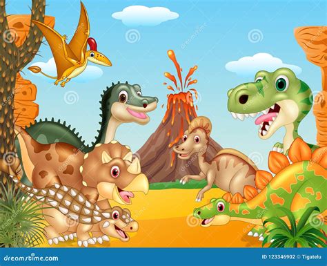 Dinosaurios Felices De La Historieta Con El Volc N Ilustraci N Del