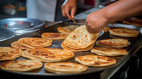 Roti canai un pan plano malasio recién hecho y servido con una