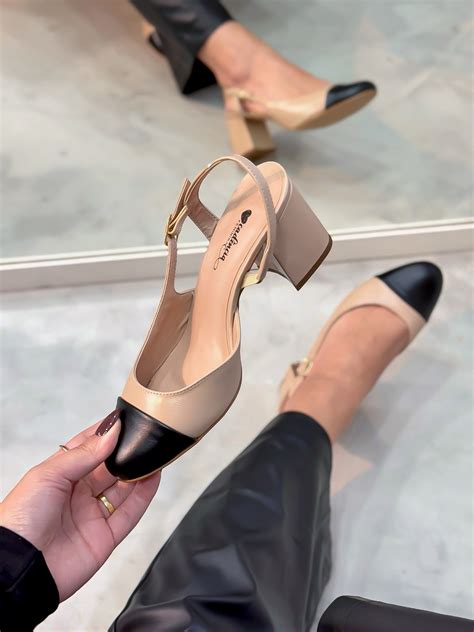 Slingback Feminino Sara Em Couro Nude Preto Cad Ncia Feminina Shoes