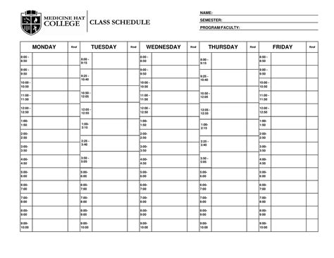 Free Printable Class Schedule Templates [excel Word Pdf] College And University