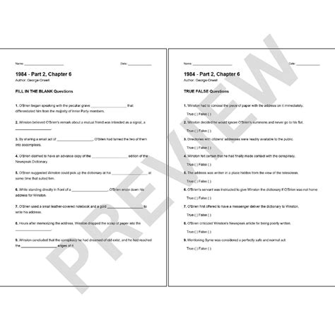 1984 by George Orwell - Part 2 Chapter 6: Quiz, True/False, Fill in the