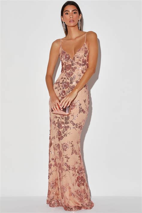 Shine Language Rose Gold Sequin Mermaid Maxi Dress Gold Maxi Dress