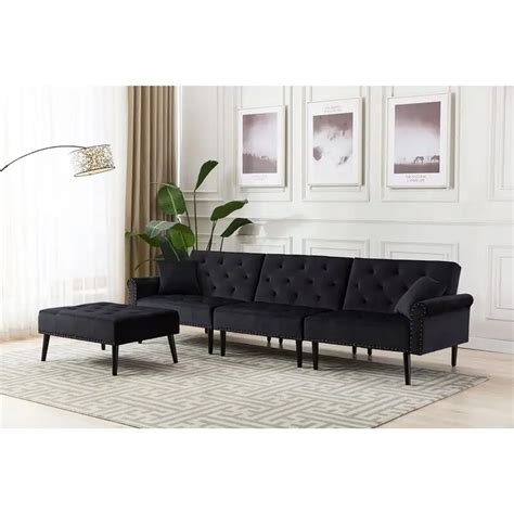 Allegan Wide Velvet Reversible Sleeper Sofa Chaise With Ottoman