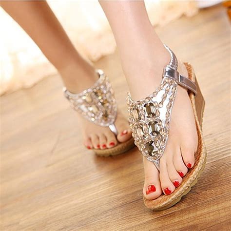 Women Bling Beaded Sandals T Strap Flip Flops Rhinestone Slippers