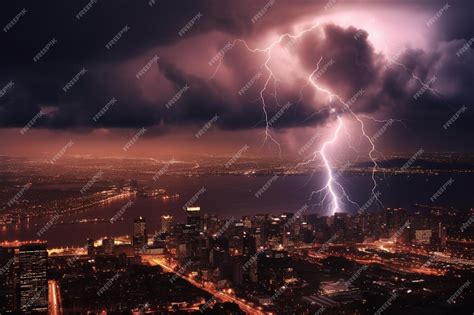 Premium AI Image | A lightning strike over a city with a city in the ...