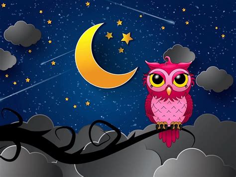 Good Night Night Blue Bird Cute Stars Owl Pink Moon Yellow