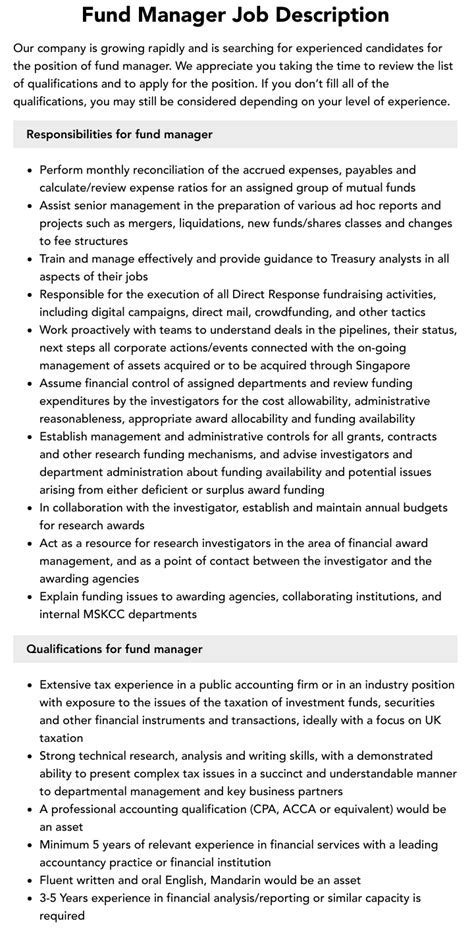 Fund Manager Job Description Velvet Jobs