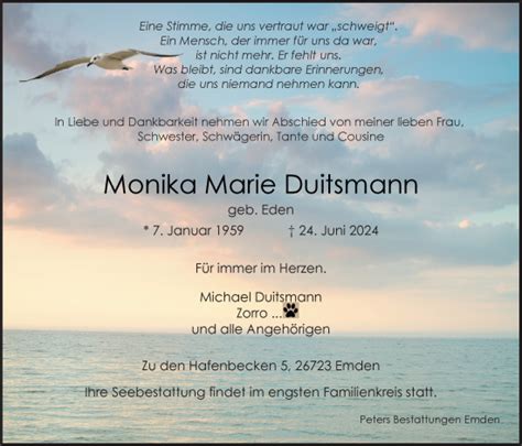 Traueranzeigen Von Monika Marie Duitsmann Nordwest Trauer De