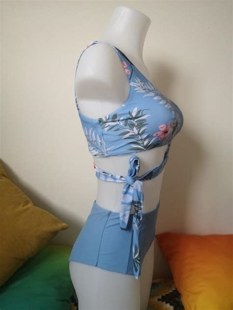 Sky Blue Single Strapped And Floral Top Sky Blue Bikini Shein