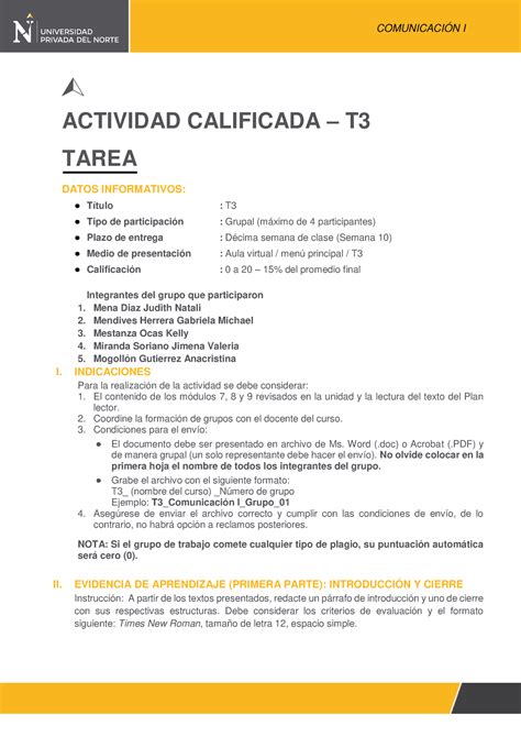 T Comunicaci N I Grupo Actividad Calificada T Tarea Datos