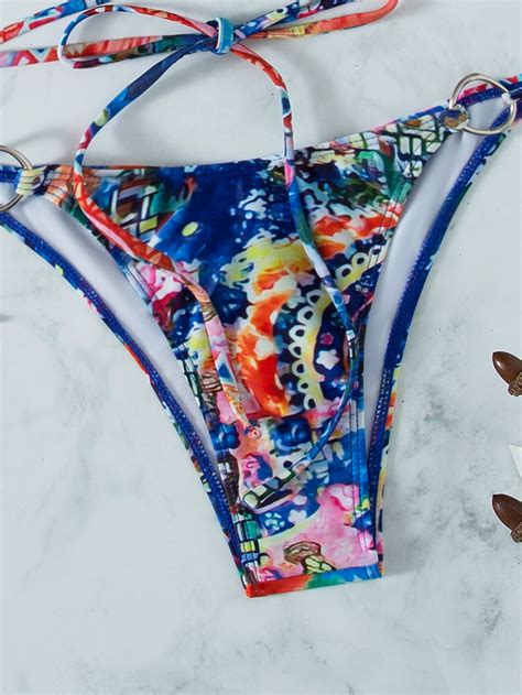 China Womens Halter Tie Side Triangle Bikini Set String Piece Swimsuit O Ring Printed Bathing