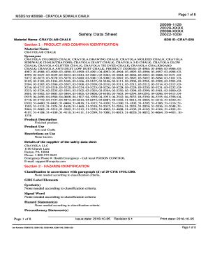 Fillable Online MSDS For 20098 CRAYOLA SDWALK CHALK Material Safety