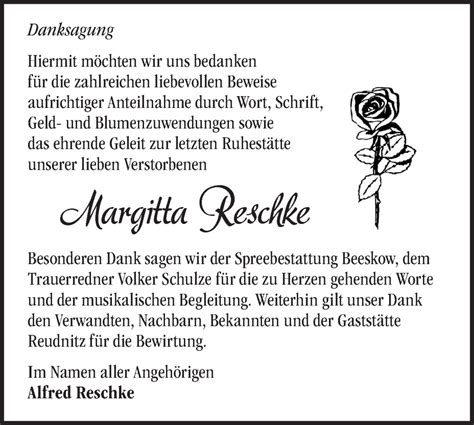 Traueranzeigen Von Margitta Reschke M Rkische Onlinezeitung Trauerportal