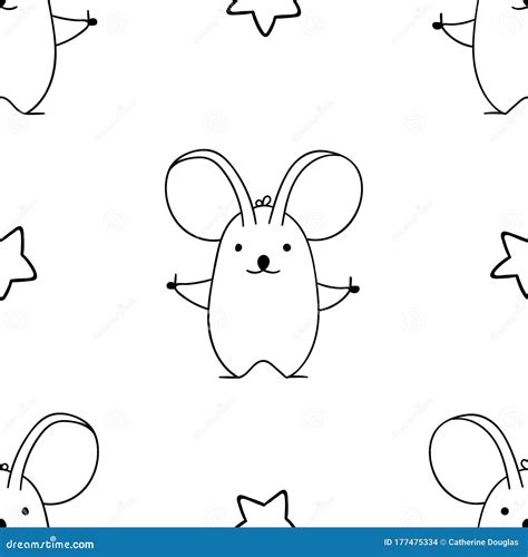 Simple Seamless Pattern Black And White Cute Kawaii Hand Drawn Mouse