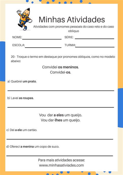 Atividades Com Pronomes Pessoais Do Caso Reto E Do Caso Oblíquo