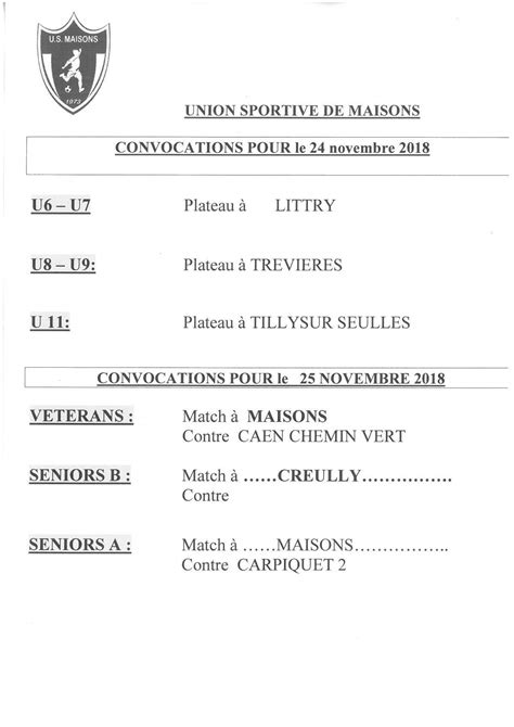 Actualité CONVOCATIONS club Football Union Sportive de Maisons Footeo