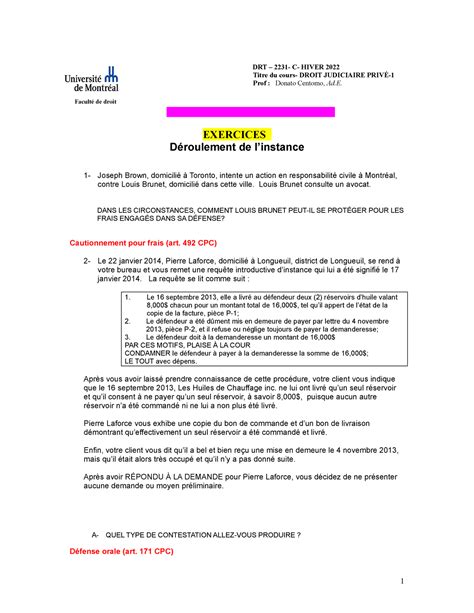 Exercices D Roulement De Linstance Hiver Facult De Droit Drt