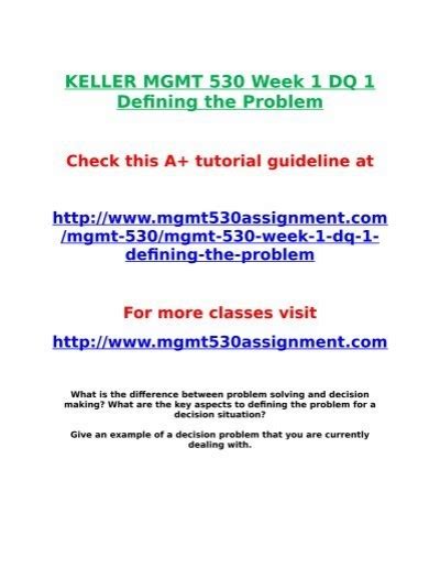 KELLER MGMT 530 Week 1 DQ 1 Defining The Problem