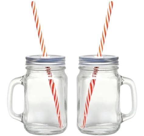 Juego De Tarros Mason Jar Liso Con Tapa Y Popote Ml Vencort