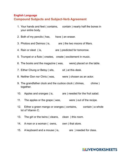 Subject Verb Agreement Compound Subjects Online Exercise For