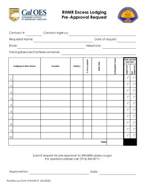 Fillable Online RHMR Excess Lodging Pre Approval Request Form Fax Email