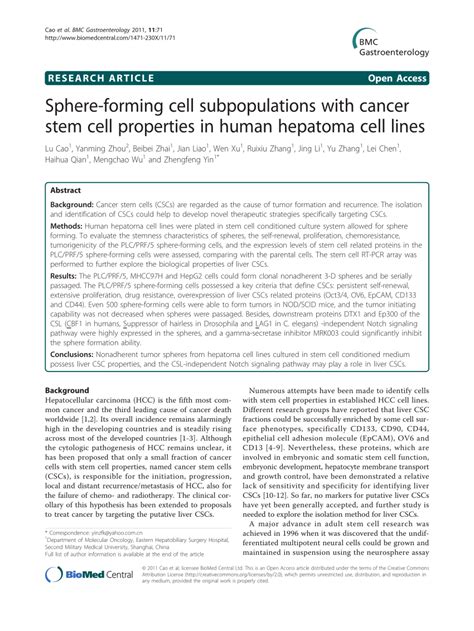 Pdf Sphere Forming Cell Subpopulations With Cancer Stem Cell Properties In Human Hepatoma Cell