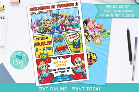 Mighty Pups Paw Patrol Birthday Invitation Chase Twins Etsy Paw