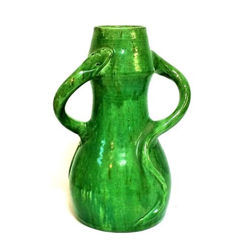 Belgium Pottery Vase With Green Glaze And Snake Handles 115 Tall