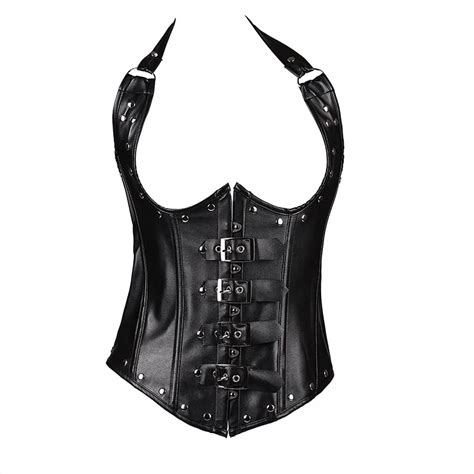 Women Gothic Waist Trainer Steampunk Halter Faux Leather Steel Boned