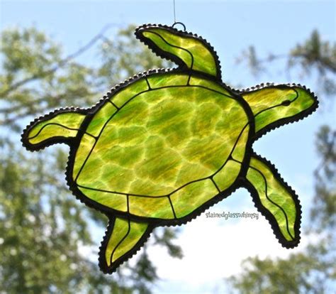 Stained Glass Sea Turtle Suncatcher Forest Green And Emerald Mix Touch Of Amber Usa Handmade