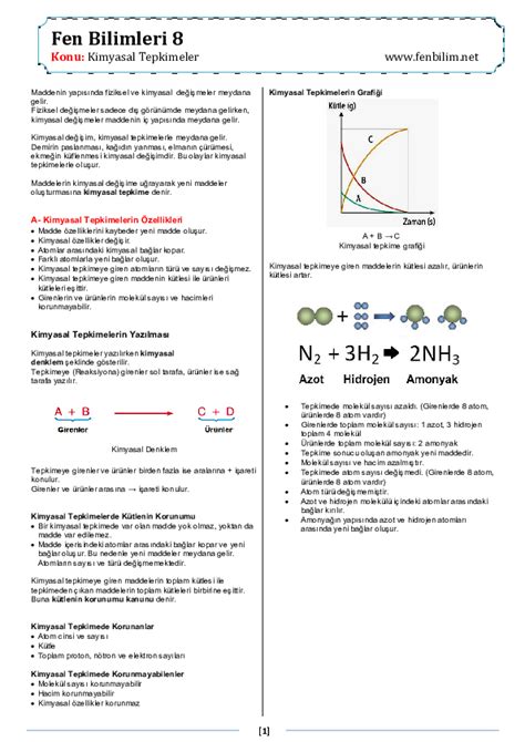 S N F Fen Bilimleri Kimyasal Tepkimeler Konu Zeti Konu Zeti Derslig