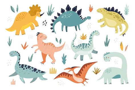 Conjunto De Dinossauros Fofos Ilustração Do Vetor Desenhado à Mão Para