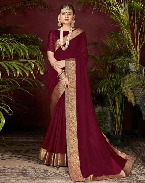 Buy Siril Poly Silk Vichitra Maroon Color Saree With Blouse Piece