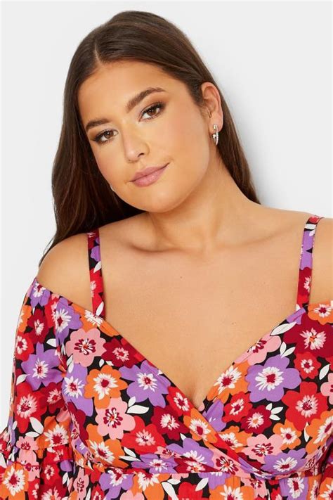 Plus Size Purple Floral Print Cold Shoulder Top Yours Clothing