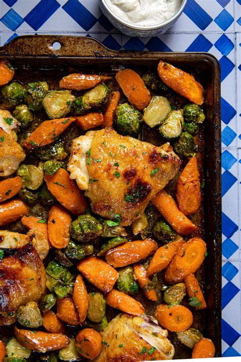 Sheet Pan Honey Roasted Chicken Carrots And Brussels Sprouts With