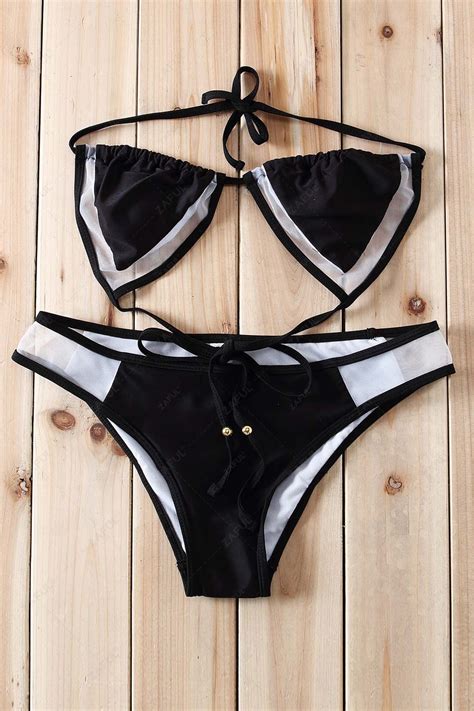 Off Voile Spliced Halterneck Bikini Set In Black Zaful