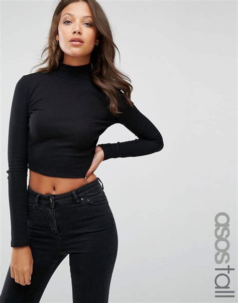 Image 1 Of ASOS TALL Crop Top In Turtleneck Crop Tops Black Long