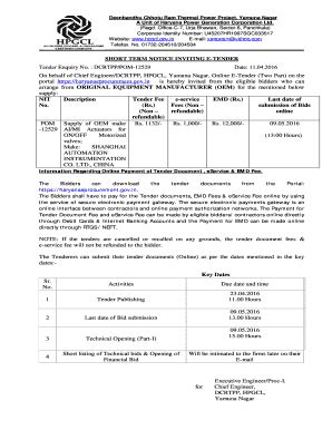 Fillable Online Hpgcl Gov SHORT TERM NOTICE INVITING E TENDER ORIGINAL