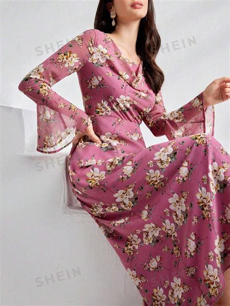 Shein Modely Women Spring Summer Floral Print Swing Neckline Bell