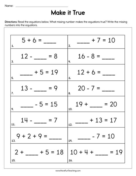 Make It True Missing Number Addition Worksheet By Teach Simple