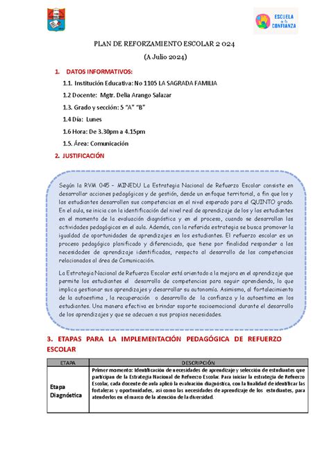 PLAN DE Reforzamiento Escolar 2024 Quinto A Y B PLAN DE REFORZAMIENTO