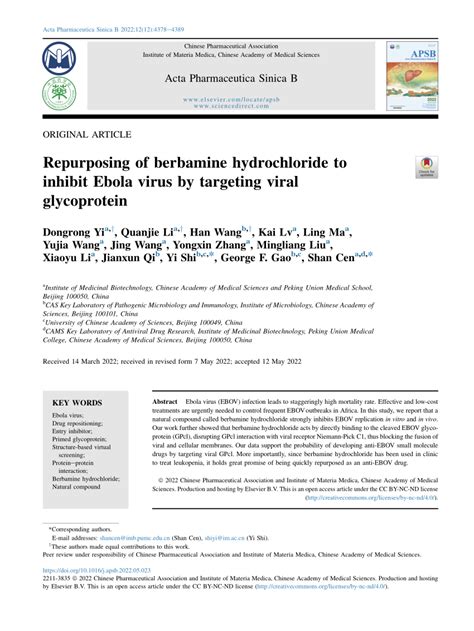 PDF Repurposing Of Berbamine Hydrochloride To Inhibit Ebola Virus By