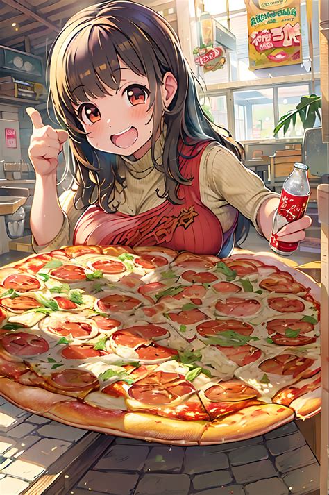 Anime Girl With A Pizza And A Drink In A Restaurant Seaart Ai