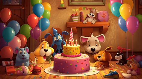 Balloons Birthday Cartoon Scene With Several Animals And Backgrounds ...